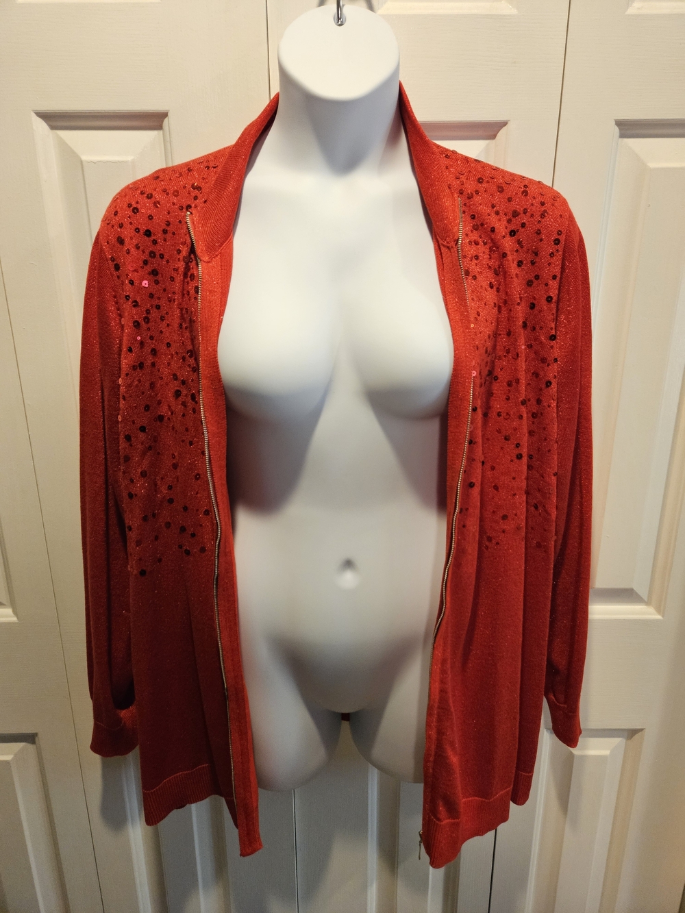 Roaman's Red Sequin-Embellished Open Cardigan Sweater